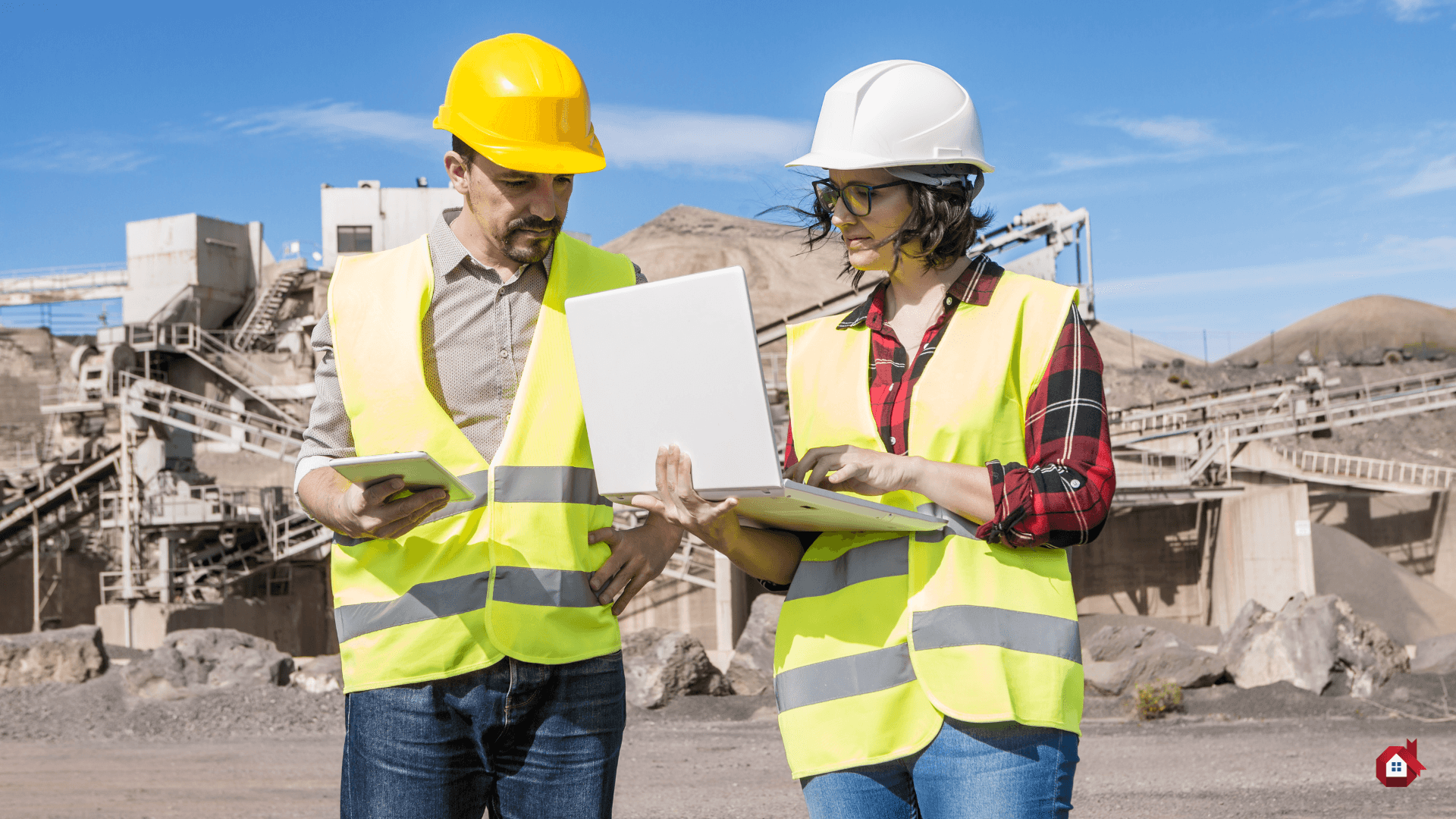 contruction worker on site with a laptop&nbsp;