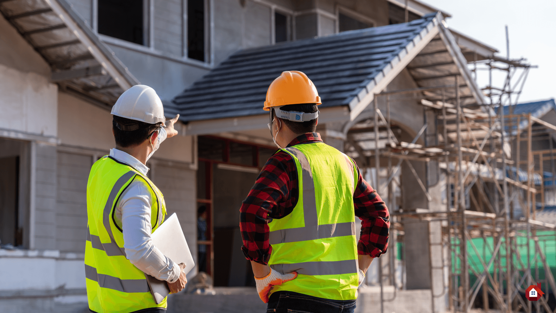 two construction worker talking in front of a house&nbsp;