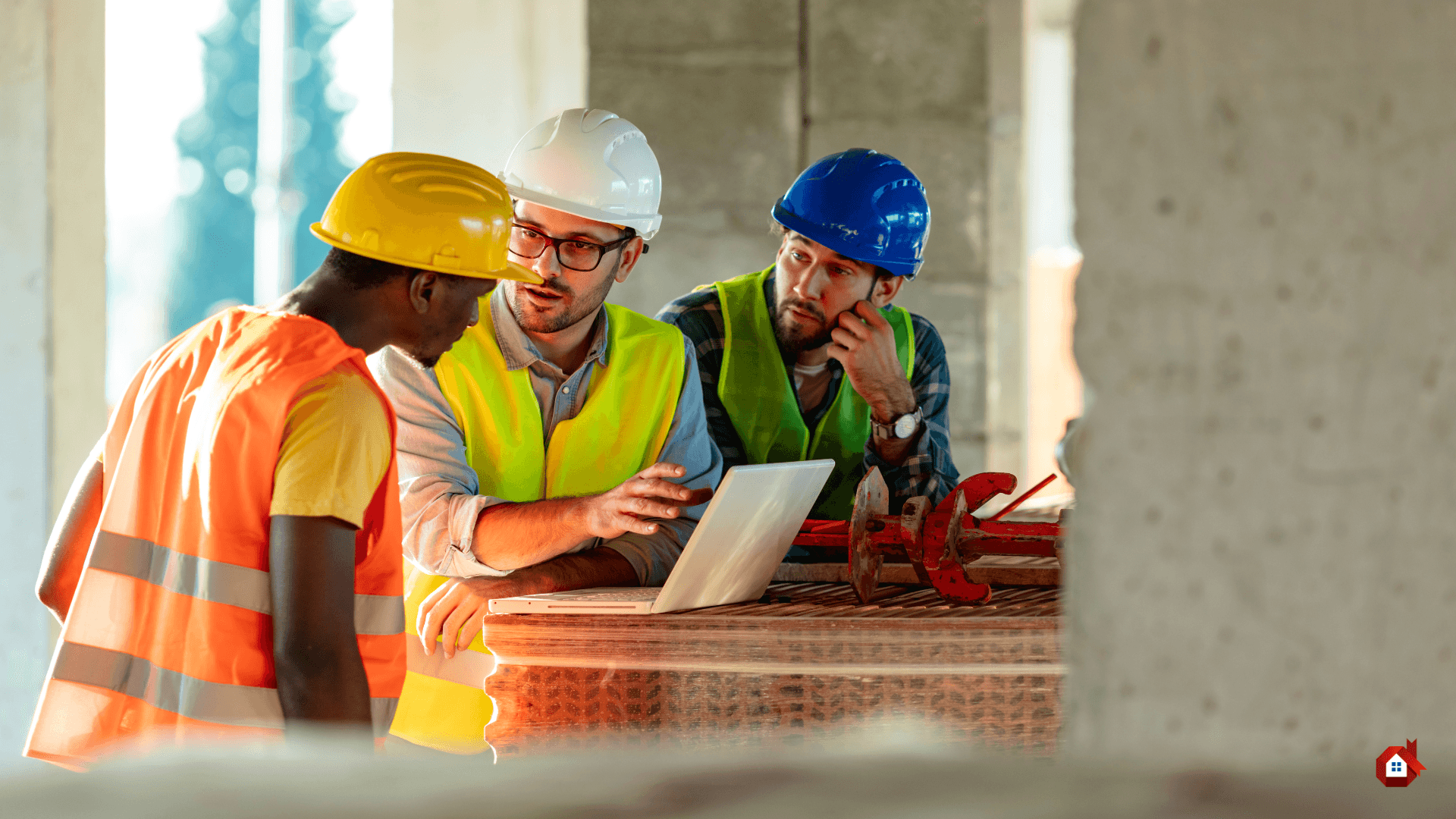 three person in front of a cumputer on a construction site&nbsp;