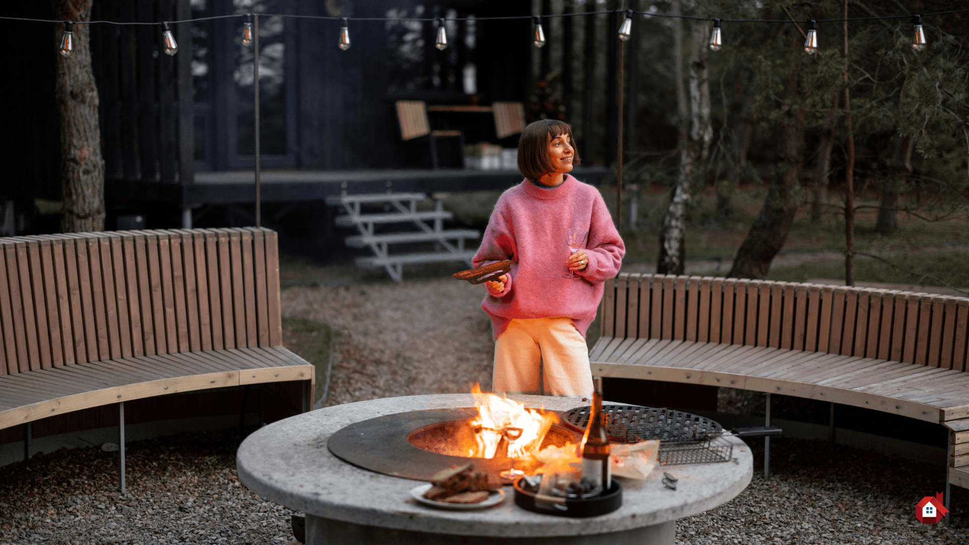 fireside corner with lighting 