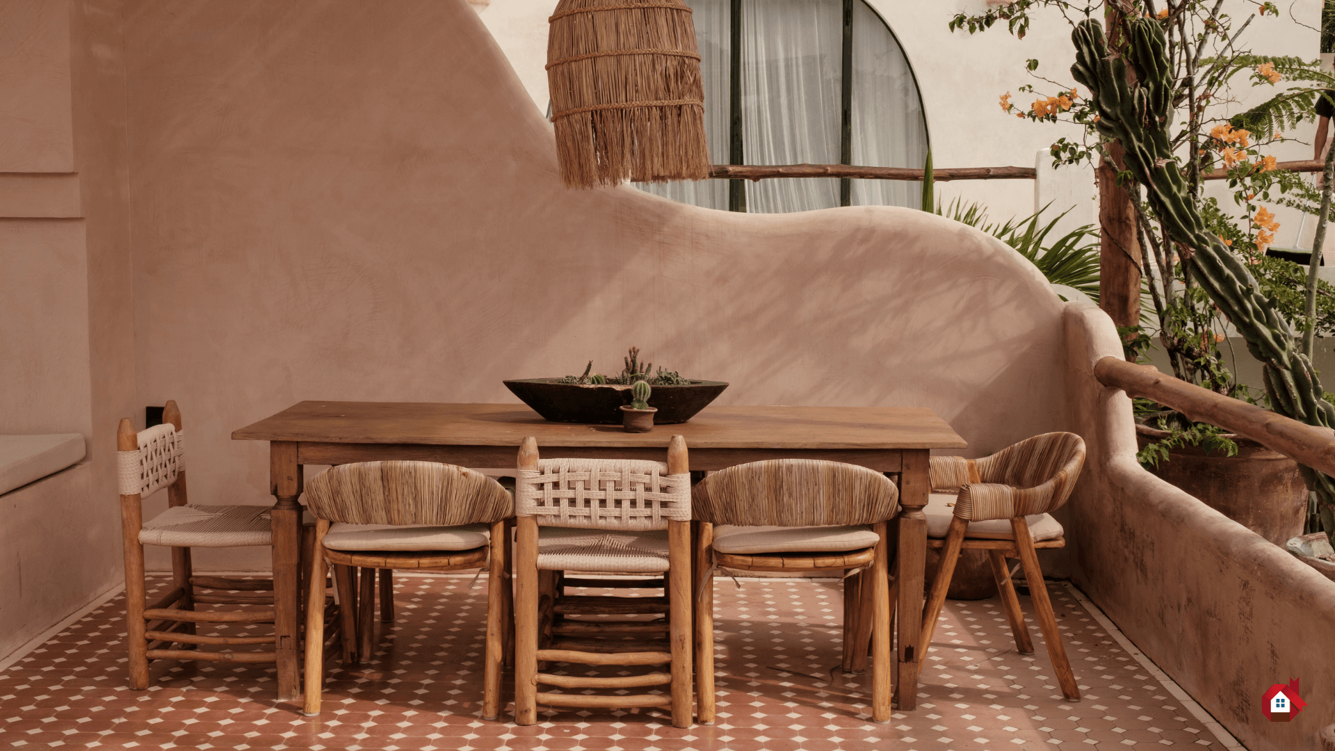 outdoor dining area with wooden chairs and waxed concrete wall