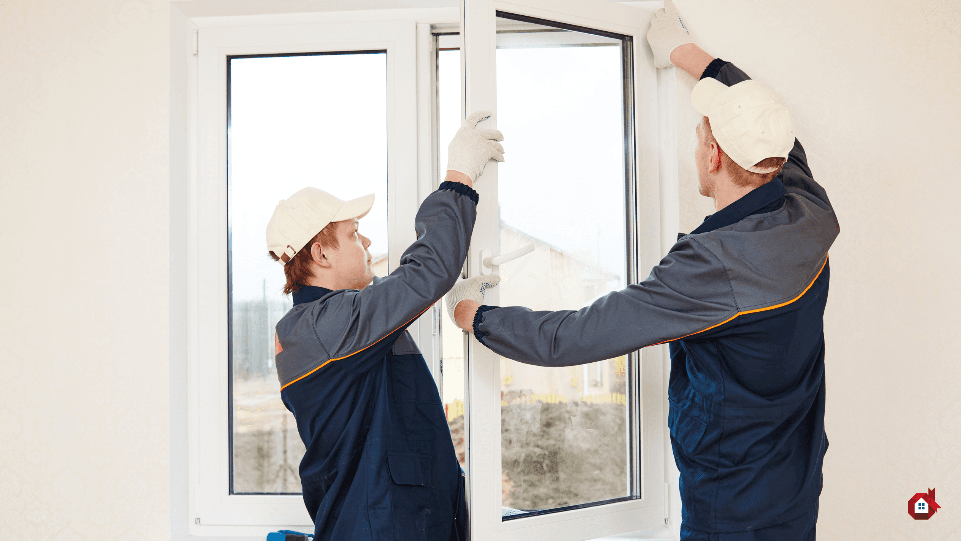 two people installing a window 