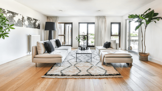 Long black windows in living room