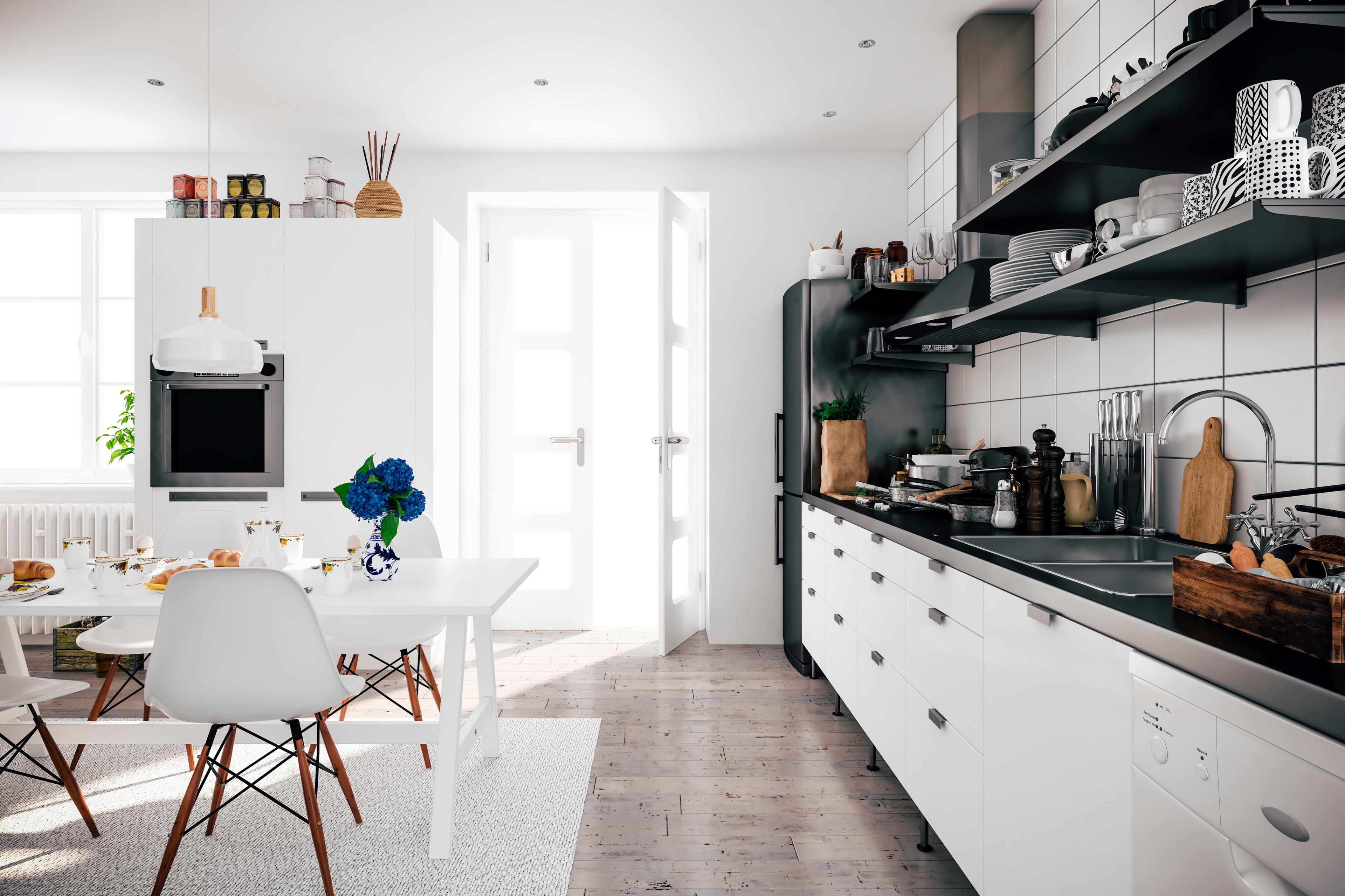 Cuisine étagères ouvertes armoires noires_open shelves with black cupboards